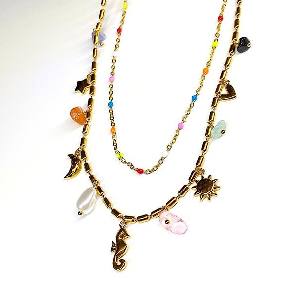 NEW Gold Sea Glass & Enamel Charm Double Strand Necklace - Picture 2 of 10